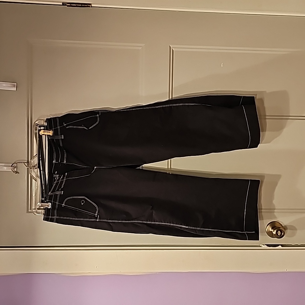 Size 8, Rafaella Capri pants, black with white threading.